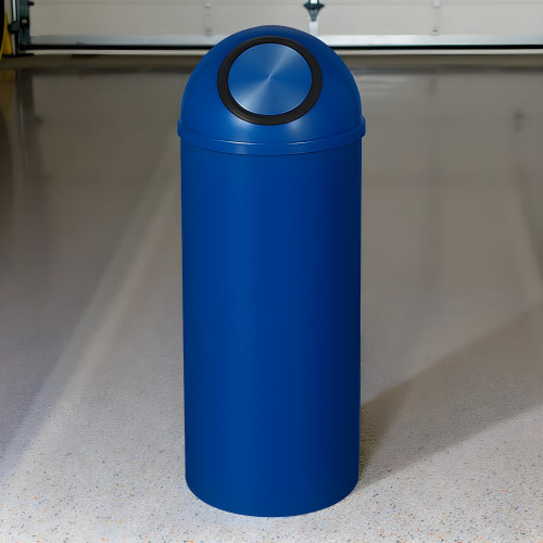 Commercial Blue Dome-Top Steel Trash Can with Self-Closing Push Door