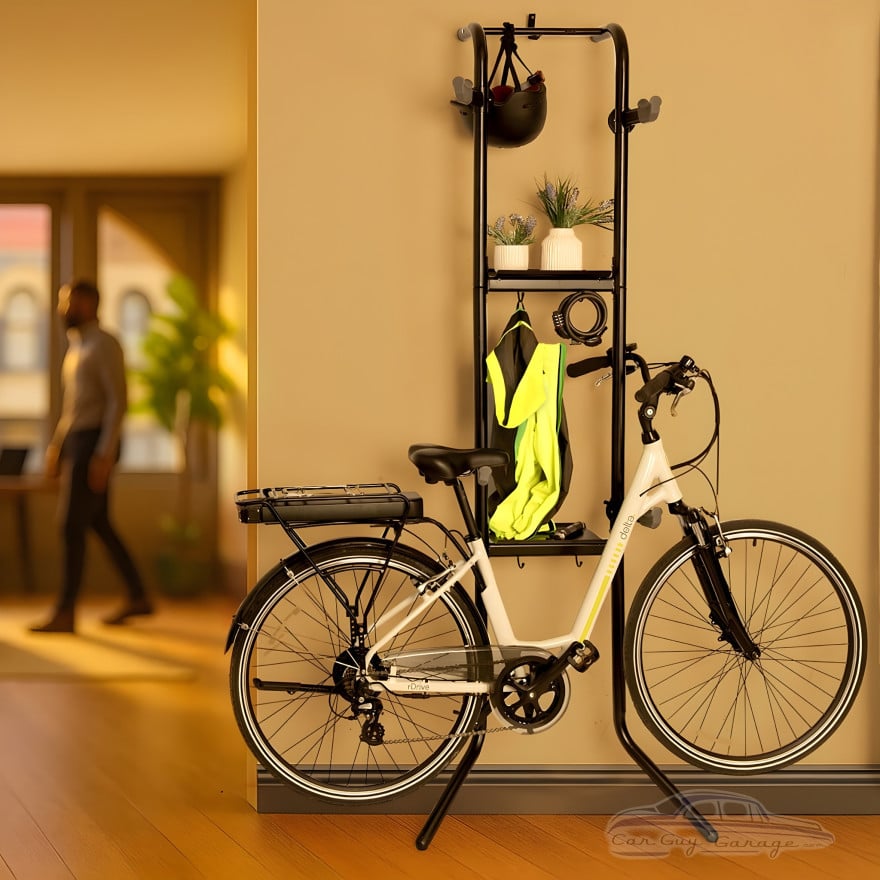 Gravity 2-Bike Vertical Freestanding Rack, Garage/Home, Shelf & Hooks