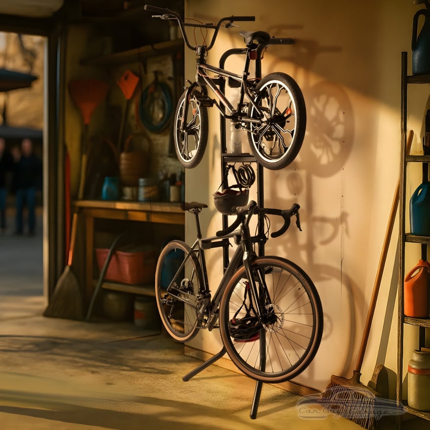 Gravity 2-Bike Vertical Freestanding Rack, Garage/Home, Shelf & Hooks