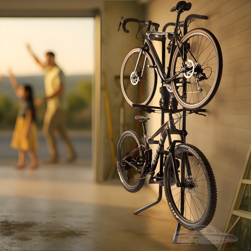 Gravity 2-Bike Vertical Freestanding Rack, Garage/Home, Shelf & Hooks