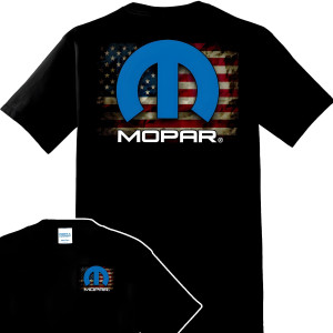 Mopar T Shirt with American Flag Logo on Black Cotton Tee