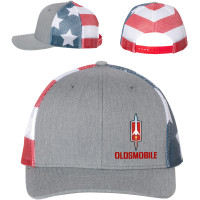 Oldsmobile Rocket USA Flag Mesh Trucker Hat Snapback Gray
