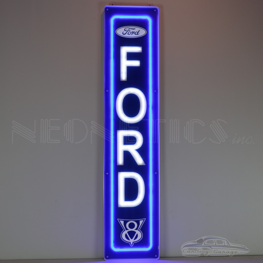 Officially Licensed Ford V8 Vertical LED Garage Sign - 10" x 47"