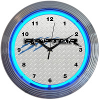 Ford Raptor Blue Neon Wall Clock with Chrome Rim, 15-Inch