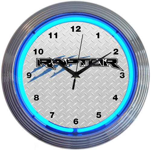 Ford Raptor 15-Inch Blue Neon Wall Clock - Chrome Rim