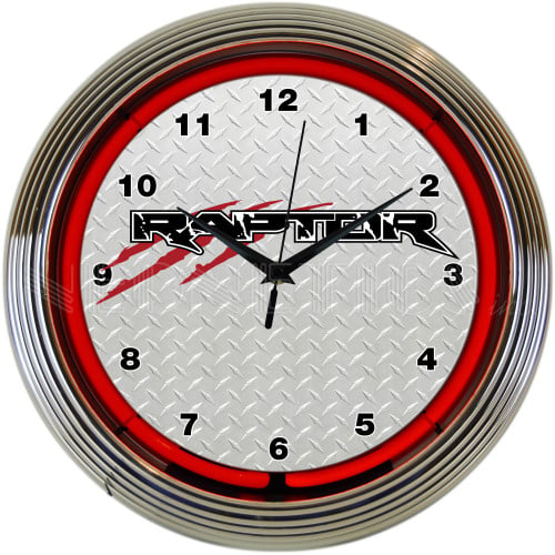 Ford Raptor 15-Inch Red Neon Wall Clock - Chrome Rim