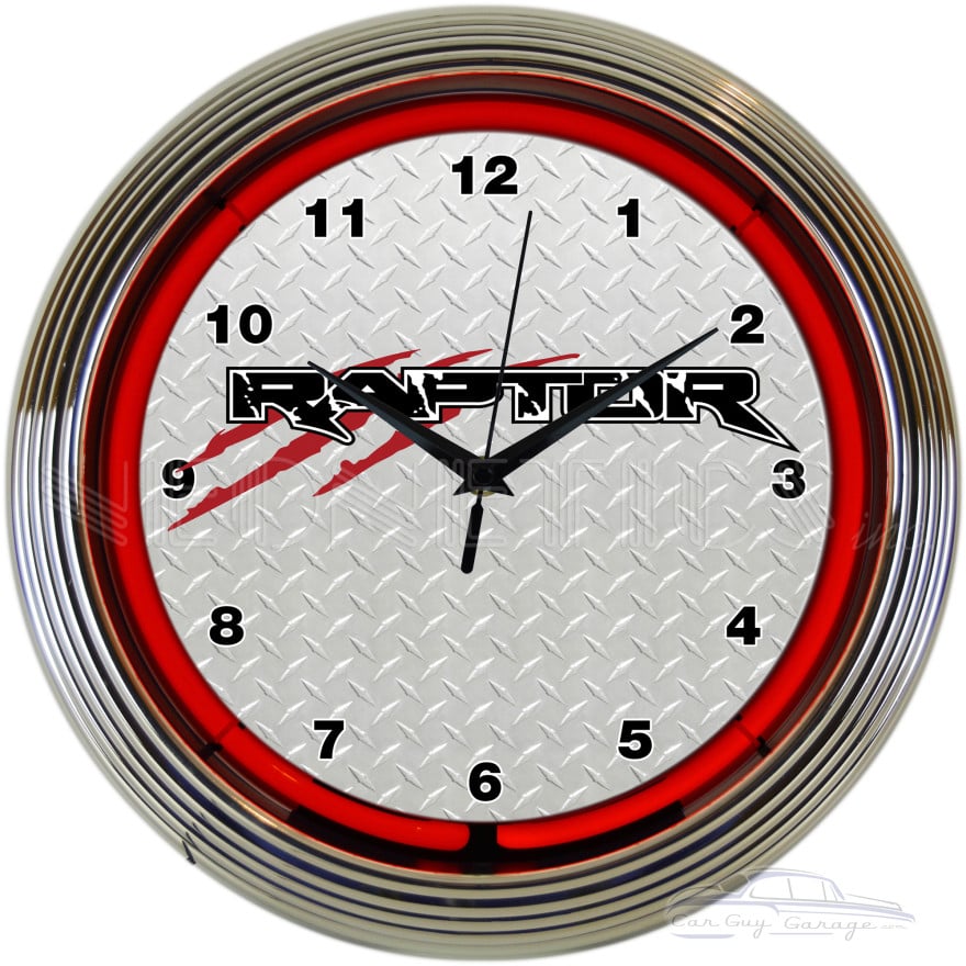 Ford Raptor 15-Inch Red Neon Wall Clock with Chrome Rim
