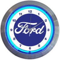 Ford Neon Clock 15-Inch Blue Script Logo Chrome Rim