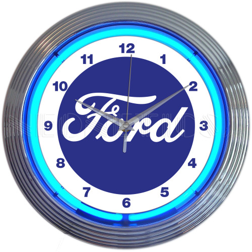 Ford Script Logo 15-Inch Blue Neon Wall Clock - Chrome Rim