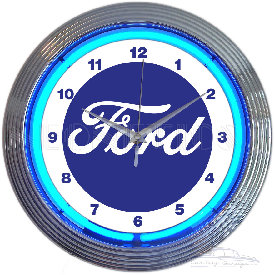 Ford Neon Clock 15-Inch Blue Script Logo Chrome Rim
