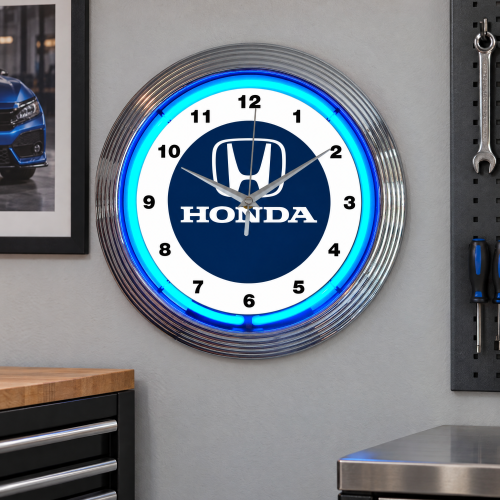 Officially Licensed Honda Blue Neon Wall Clock, 15-Inch, Chrome Rim