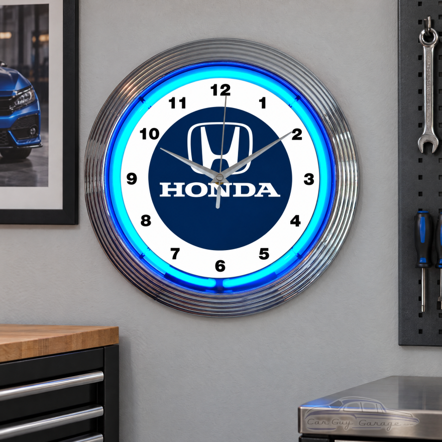Officially Licensed Honda Blue Neon Wall Clock, 15-Inch, Chrome Rim