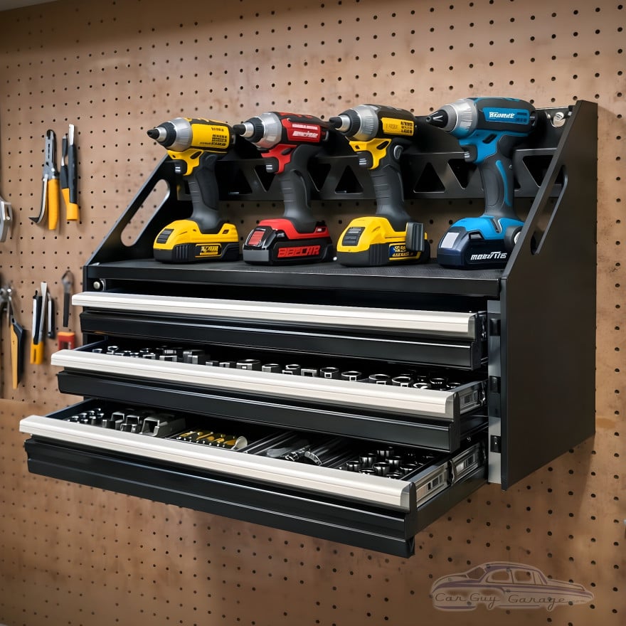 Aluminum Wall-Mount Tool Cabinet with Drawers & Power Tool Shelf