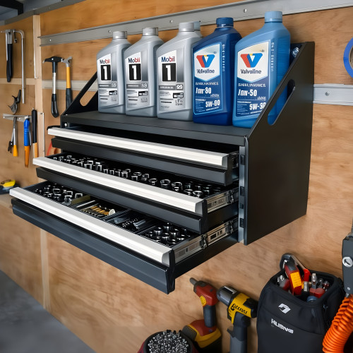 Aluminum Wall-Mount Tool Cabinet with Drawers & Power Tool Shelf