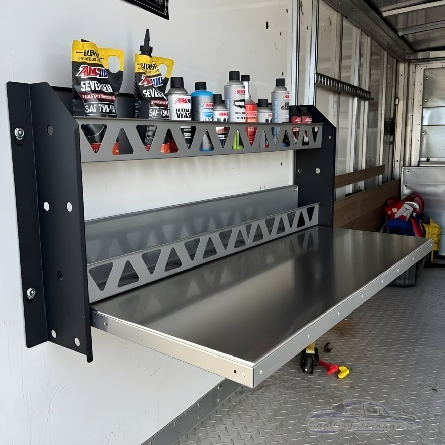 49.5" Aluminum Wall-Mounted Folding Workbench with Shelves