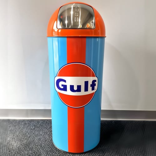 Gulf Racing Heritage Edition Dome-Top Metal Trash Can, Push Door, 18.5 Gal