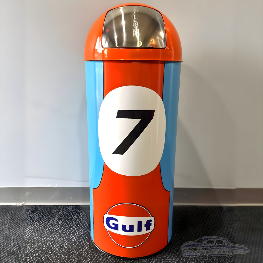 Gulf #7 Racing Heritage Edition Dome-Top Metal Trash Can, Push Door, 18.5 Gal