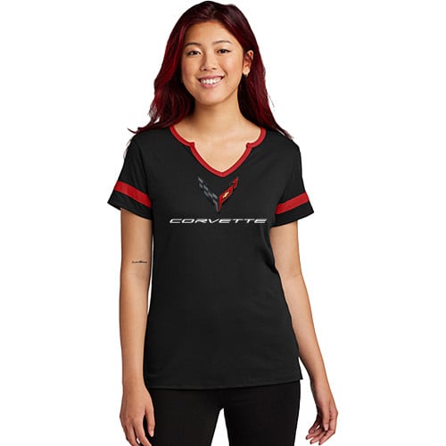 GM Licensed Women's C8 Corvette V-Neck T-Shirt, Crossed Flags Logo