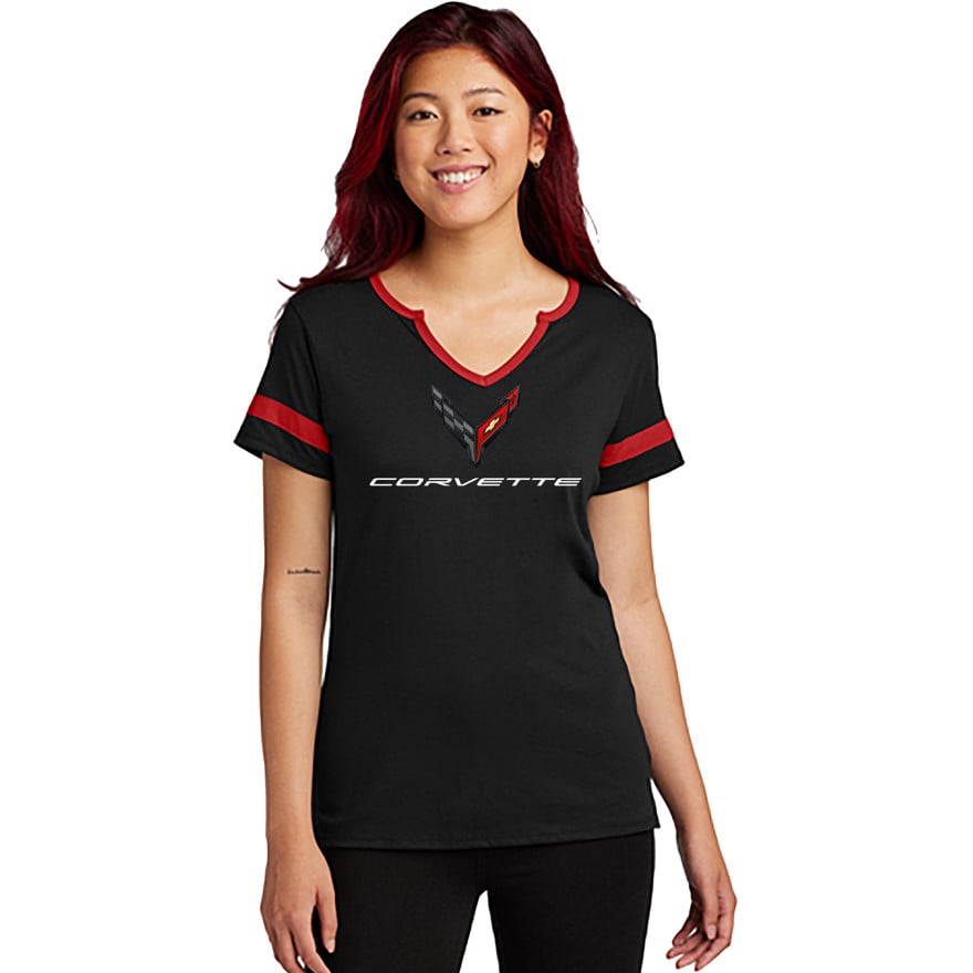 GM Licensed Women's C8 Corvette V-Neck T-Shirt, Crossed Flags Logo
