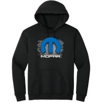Mopar Hoodie with Blue Logo and Brick Wall Graphic Design