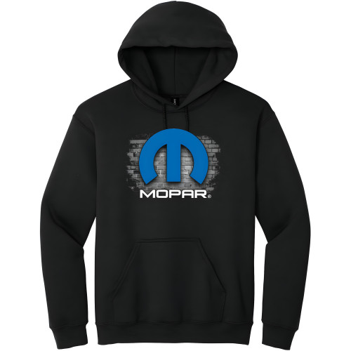 Mopar Hoodie with Blue Logo and Brick Wall Graphic Design