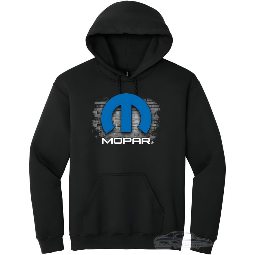 Mopar Hoodie with Blue Logo and Brick Wall Graphic Design