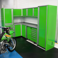 L-Shaped Aluminum Garage Cabinet Set with Lockers & Tool Cart