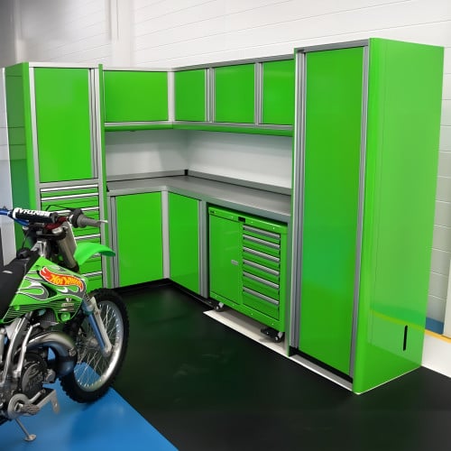 L-Shaped Aluminum Garage Cabinet Set with Lockers & Tool Cart