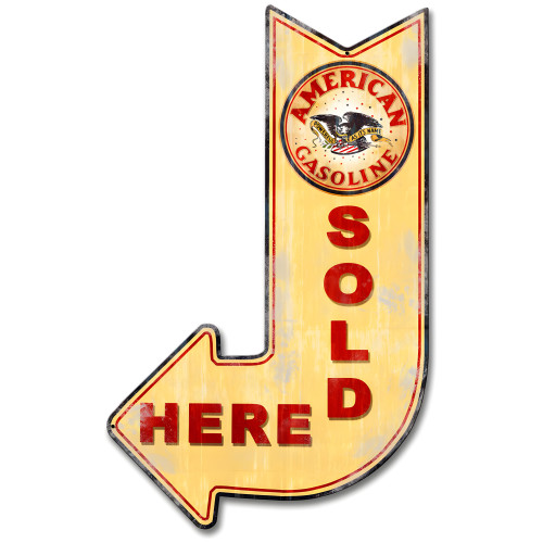 American Gasoline Sold Here Arrow Metal Sign - 15" x 24"