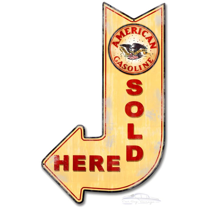 American Gasoline Sold Here Arrow Metal Sign - 15" x 24"