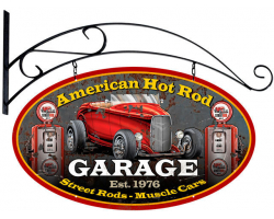 American Hot Rod Metal Sign - 24" x 14" Double Sided with Hanging Bracket