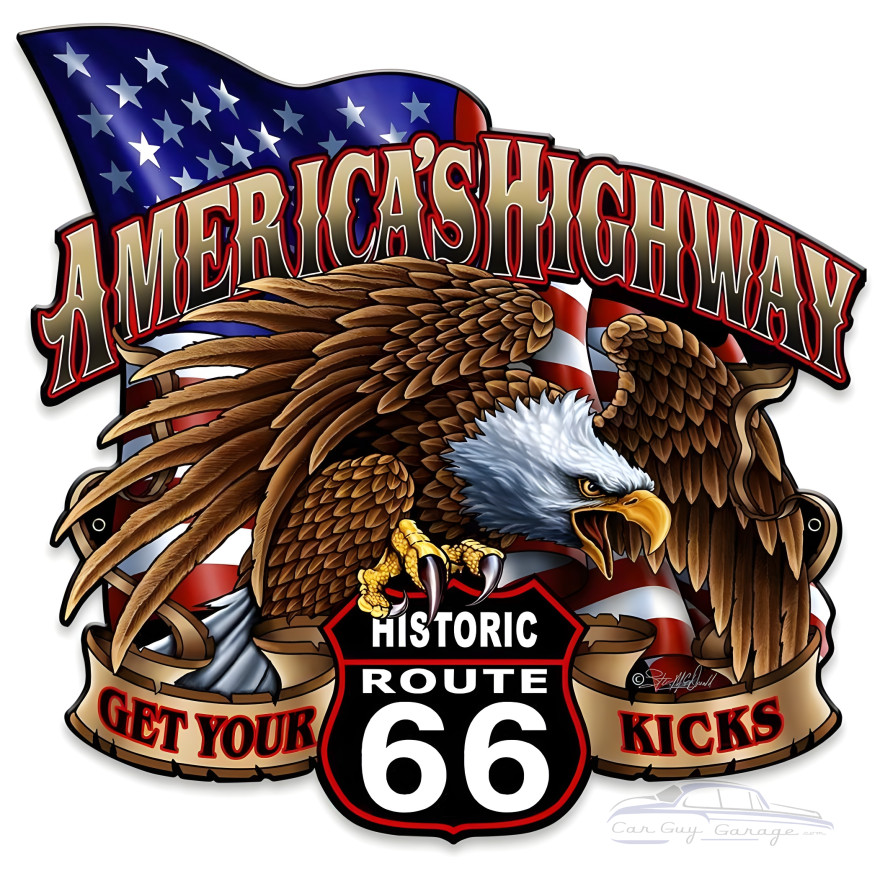 America's Highway Route 66 Metal Sign - 14" x 14" Custom Shape
