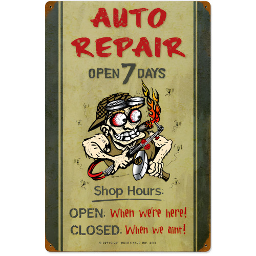 Auto Repair Shop Hours Metal Sign - 16" x 24"