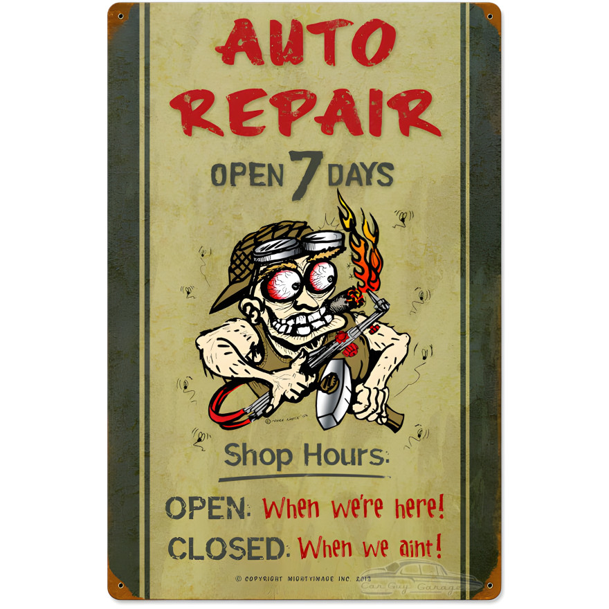 Auto Repair Shop Hours Metal Sign - 16" x 24"