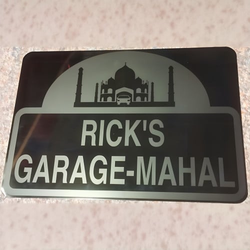 Personalized Metal Garage-Mahal Sign - Silver on Black