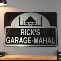 Personalized Metal Garage-Mahal Sign - Silver on Black