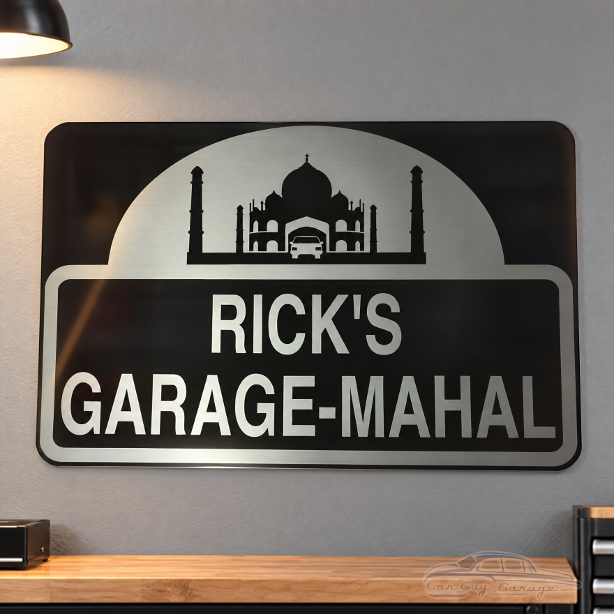 Personalized Metal Garage-Mahal Sign - Silver on Black
