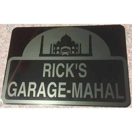 Silver on Black Personalized Aluminum Garage Mahal Sign