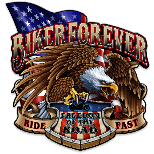 Biker Forever Eagle Metal Sign - 14" x 14" Custom Shape