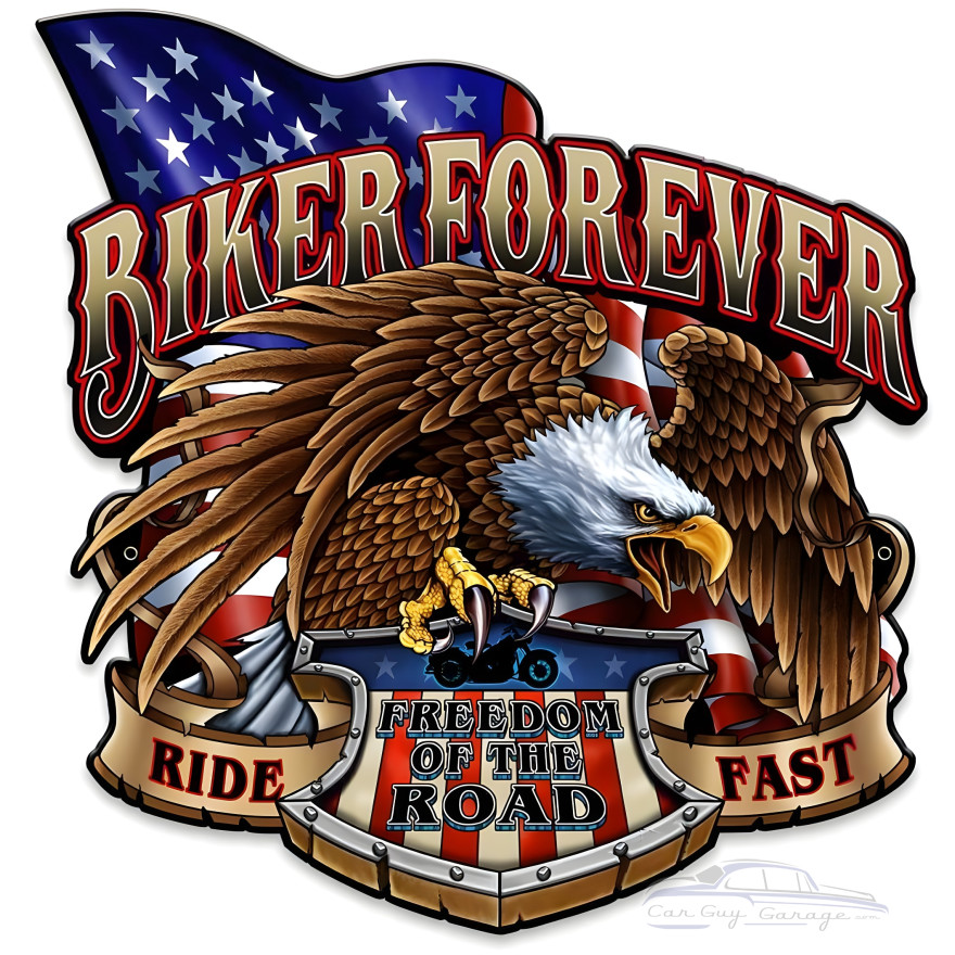 Biker Forever Eagle Metal Sign - 14" x 14" Custom Shape