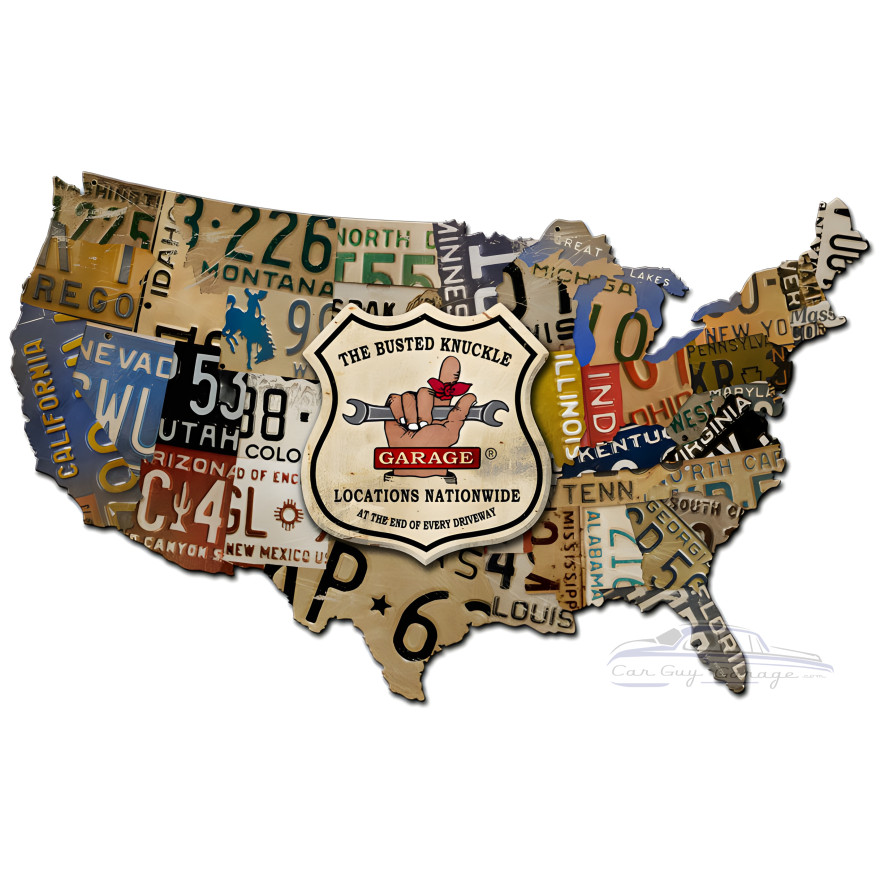 Busted Knuckle USA License Plate Map Metal Sign - 35" x 21"