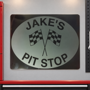 Personalized Metal Garage Sign with Checkered Flags