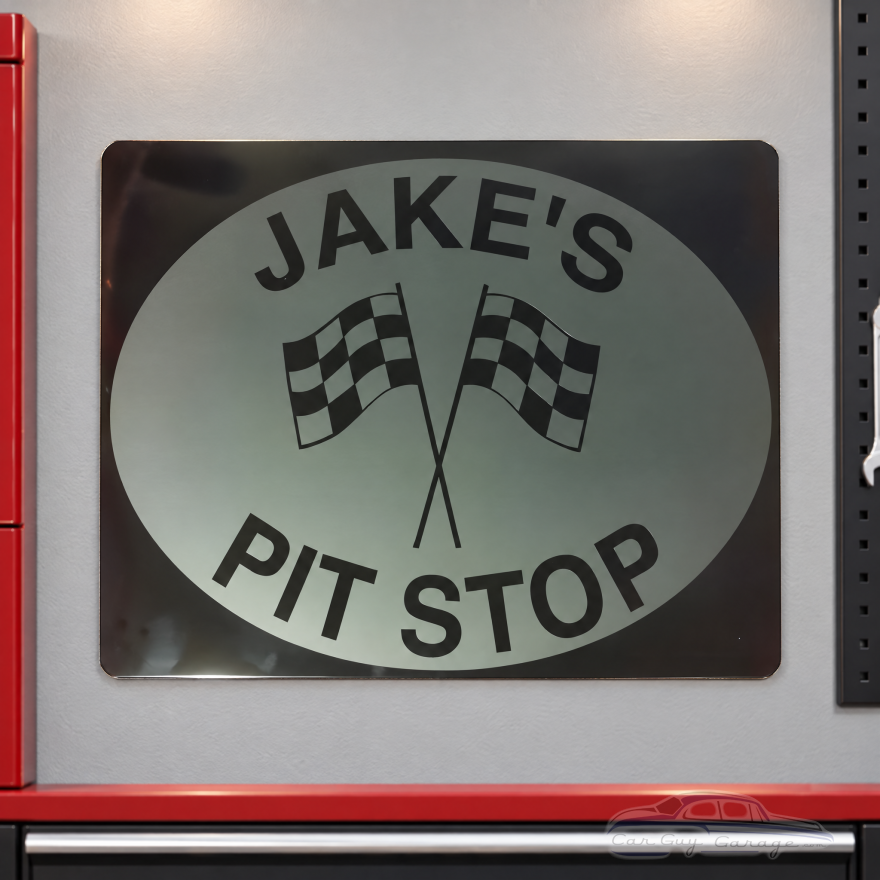 Personalized Metal Garage Sign with Checkered Flags