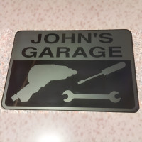 Personalized Metal Garage Sign - Silver on Black Aluminum