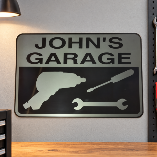 Personalized Metal Garage Sign - Silver on Black Aluminum