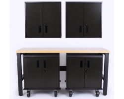 6 Foot Workbench and 4 Two-Door Black Steel Cabinets