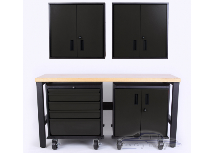 5 Piece Set of Black Steel Garage Cabinets with Butcher Block Workbench