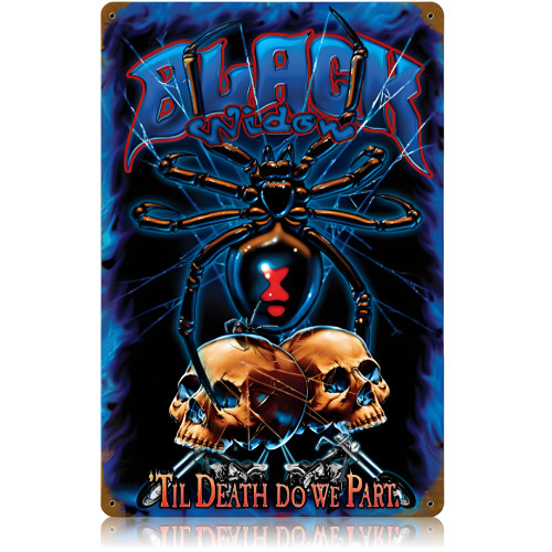Black Widow Blue Metal Sign - 12" x 18"