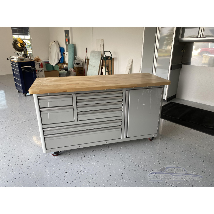 12 Foot Wide Aluminum Garage Cabinets with Rolling Tool Cart