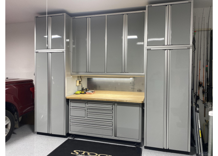 12 Foot Wide Aluminum Garage Cabinets with Rolling Tool Cart